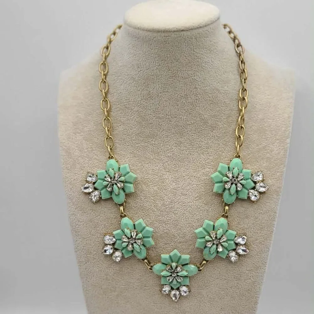 J Crew Mint Green Resin and Clear Crystal Necklace